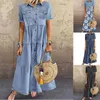 Outong Denim Style Long Dress Multi Button Printed Distressed