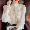 Kadın Sweaters Dikişli Uzun Kollu Bluzlar Kore Stand Yakası Mesh Şifon Gömlek Kadınlar Nazik fırfırlı papyon örgü gömlekler Blusas