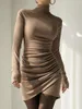Casual Dresses Women Bodycon Dress Long Sleeve Turtleneck Pleated Irregular Hem Solid Slim Fit Mini For Club Party