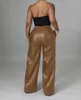 Pantalon femme en simili cuir PU jambe large avec poches femmes décontracté Streetwear taille élastique pantalon droit Long vêtements d'automne