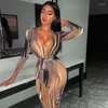 Lässige Kleider 2023 Langarm bunte Print V-Ausschnitt Bodycon Kleider Frühling Frauen Modelle Streetwear Party Elegante Frauenkleidung