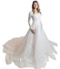 Tulle in pizzo Tulle Modest Abiti da sposa A-Line con maniche lunghe Pulsanti scollali a cuore Back country Western Bridal Gowns