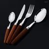 Dinnerware Sets 16/24Pcs Natural Wooden Cutlery Set Tableware 18/10 Stainless Steel Knife Spoon And Fork Dinnereware Kitchen Flatware