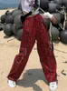 여자 바지 s houzhou 펑크화물 격자 무늬 여자 고딕하라 주쿠 레드 체크 무늬 넓은 다리 바지 여성 가을 ​​스트리트웨어 히피 패션 230112