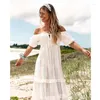 Party Dresses Boho inspirerade 2023 Spring Summer White Dress Brodery Ruffled Women Short Sleeve Belt Bundna Midi