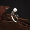 Clusterringen S925 Sterling Silver Thaise Nature Wit Jade Natural Pearl Ring Vintage Classical Plum Flower Leaf Women Open