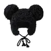 Bérets Femmes Hiver Épaissir Peluche Chaud Earflap Chapeau Mignon Ours Oreilles Coupe-Vent Bonnet Avec Cordon Mentonnière Chapeaux Pour Fluffy