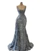 2023 Sexy Evening Dresses Wear Gray Lace Silver Illusion V Neck Spaghetti Straps Mermaid Crystal Beads Sweep Train Overskirts Plus Size Party Prom Gowns