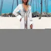 Women's Swimwear 2023 Summer White Round Hole Lace Splicing Cardigan Sun Protection Shirt Long Dress Fashion Hollow Out Sexy Sleeve