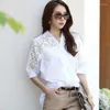 Kvinnors blusar Blusas de Verano Mujer 2023 Fashion Elegant Women Clothing Chiffon Shirts White Lace Bat Sleeve Hollow Out V-Neck 1988