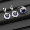 Necklace Earrings Set Silver Color Wedding For Women Circular Royal Blue Zirconia Pendant Ring Bracelet Halloween Gift