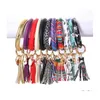 Andra festliga fest levererar m￥nga f￤rger Kvinnor Tassels Armband Pu Leather Wrap Key Ring Leopard Lily Print Keychain Wristband Su DH6KB