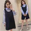 Maternity Dresses Autumn Outfit Long Sleeve Turn-down Collar Cotton Patchwork Pregnant Woman A-line Dress Clothes Blue Wholesale