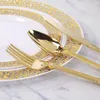 Ужина для наборов посуды стейк-вилка и ложка Retro изящное золотоизвестное одноразовое располагаемое пластиковое посуду вестерн-три-раз