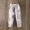 Women's Pants Fashion Women Summer Korean Casual Cotton Linen Vintage Printed Harem Female Sweatpants Elastic Waist Trouser