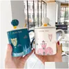 Mugs 400Ml Handpainted Balloon Castle Ceramic Coffee Mug With Lid Spoon Creative Tea Milk Couple Cup Novelty Gift For Friends Drop D Dhfq3