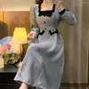 Casual Dresses Houndstooth Square Collar Autumn Big Swing Dress Women Fashion Puff Sleeve 2023 Retro Plaid Bow Cute Girly Japanese Kawaii