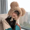 Bérets Femmes Hiver Épaissir Peluche Chaud Earflap Chapeau Mignon Ours Oreilles Coupe-Vent Bonnet Avec Cordon Mentonnière Chapeaux Pour Fluffy