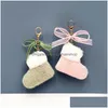 Nyckelringar Plush Christmas Boots Keychain Söt Bow Bag Pendant Car Chain Ring Gift Earphone Purse Accessories Drop Leverans smycken Dhqor