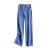 Jeans femininos plus tamanho grande mulheres perna reta denim larga cintura alta cinza azul moda plana branqueada estiramento m 6xl 8xl 230111