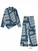 Pantaloni da due pezzi da donna kondala blu vintage blu patchwork donna casual geometrica si adatta a maniche lunghe camicie sciolte larghe gamba elastica 2023