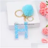 Keychains Lanyards Fluffy Blue Pompom Faux Rabbit Päls Boll paljetter Bokstäver Key Rings Holder Trendy Jewelry Bag Accessories Gifts D DH5PX