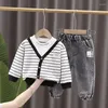 Kläder sätter hösten 0-4-årig rand Fake Three Piece Children's Suid Solid Color Letter Top Jeans Two Baby Sportswear