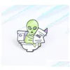 Pins Brooches Cartoon Funny Alien Brooch For Cute Girls Enamel Pin Et Reading Newspaper In Toilet Metal Badges Jewelry Small Women Dhauh