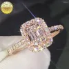 Cluster Rings 18K Au750 Rose Gold Women Wedding Party Engagement Ring Rectangle Emerald Victorian Moissanite Diamond Trendy Cute Romantic