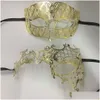 Maschere per feste Gnhyll Lover Donna Maschera da uomo Sier Metallo Coppia Veneziana Mascherata Sfera d'oro Matrimonio Mardi Gras Eye Set Consegna a goccia Ho Dhw1O