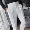 Men's Suits White Pleated Hight Waist Pencil Mens Pants Ankle Length Wedding Groom Suit Men Slim Fit Trousers For Man