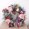 Flores decorativas Simulação Peony Wreath Rattan redonda Decoração de Garland Artificial Flor Fake Door Parede Ornamento pendurado