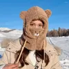 Berets Winter Cute Cartoon Bear Ear Lamb Plush Warm Caps Scarf Set Mask Thickened Protection Hat Women Girl Year Gift