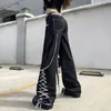 Jeans Femme Mingliusili Dentelle Splice Baggy Femmes Printemps Gothique Flares Pantalon High Street Mode Streetwear Noir Denim Pantalon 230111