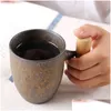 Mugs Creative Japanese Ceramic Coffee Mug Tumbler Rust Glaze With Wooden Handle Tea Milk Beer Water Cup Home Office Drinkware 300Ml Dhrjj