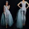 Stage Wear Rhinestones Women Skinny Stretch Bodysuits White Long Tailing Mesh Skirt Wedding Celebrate Prom Costume Nightclub Outfit