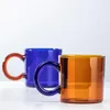 Mugs Tan Blue Glass Mug Coffee Cup Drinkware Art Design 260ml