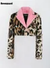 Women's Fur Faux Nerazzurri Autumn Winter Leopard Print Thick Warm Soft Cropped Mink Jacket Blazer Women Long Sleeve with Pink Collar 230112