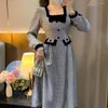 Casual Dresses Houndstooth Square Collar Autumn Big Swing Dress Women Fashion Puff Sleeve 2023 Retro Plaid Bow Cute Girly Japanese Kawaii