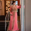 Elegant Moroccan Kaftan Matermelon Evening Dresses Long Sleeves Gold Applique Beaded Formal Wear Floor Length Arabic Dubai Abaya Prom Party Gowns