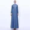 Abbigliamento etnico 2023 Fashion Dorilling Denim Kaftan Abaya Dubai Muslim Dress Women Caftan Robe Maxi Gown Turkish Islamic A1392