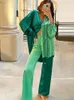 Women's Two Piece Pants Oversized Satin Shirt Trousers Set Woman Contrasting Colors Button Top Straight Suit Female 2023 Spring Casual