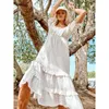 Party Dresses Boho inspirerade 2023 Spring Summer White Dress Brodery Ruffled Women Short Sleeve Belt Bundna Midi