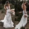 Boho brudklänning 3d blommor applikationer sjöjungfru bröllopsklänningar spaghettirem rygglösa vestidos de novia country brudklänningar bär