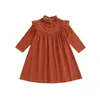 Girl Dresses Infant Kids Baby Girls Casual Loose Fit Dress Solid Color Long Sleeves Ruffled Neck Frock Khaki/ Caramel Gown 2-6Y