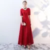 Etnische kleding Zwart Vintage Exquise avond feestjurk vrouwelijke elegante V-hals met korte mouwen banket jurk zoete kant lange geplooide jurken