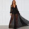 Casual Dresses Black Deep-V Long Sleeves Sexy Maxi Dress Summer Gauze Robe With Sequins Drophipping & Wholesale Items For Business