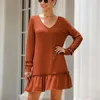 Fall Womens Clothing Eaby Dresses V Neck Flounce Stitching Spandex Dress