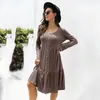 Casual Kleider 2023 Herbst Frau Kleid Solide Langarm Taste Geraffte Für Frauen Lose A-Line Knie-Länge Robe Schwarz