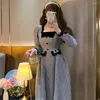 Casual Dresses Houndstooth Square Collar Autumn Big Swing Dress Women Fashion Puff Sleeve 2023 Retro Plaid Bow Cute Girly Japanese Kawaii